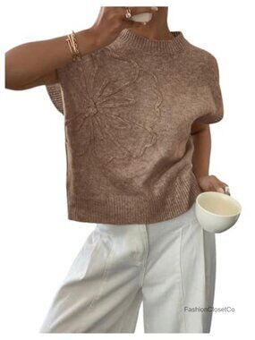 Women's 3D Floral Crochet Sweater Pullover Short Sleeve